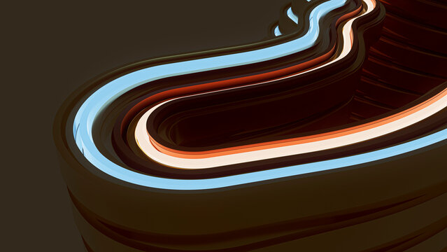 3D render of stacked linear metallic shapes glowing in the dark