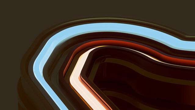 3D render of stacked linear metallic shapes glowing in the dark