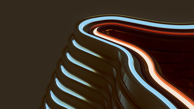 3D render of stacked linear metallic shapes glowing in the dark