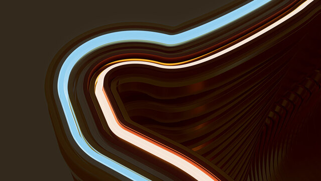 3D render of stacked linear metallic shapes glowing in the dark