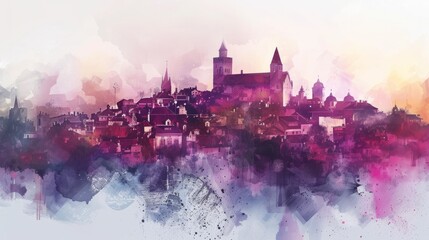 Travel illustration. Panorama of the town. Art, minimalism, romanticism, watercolors, pastels. Generative AI.