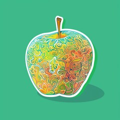 A custard apple illustration in a Mughal miniature painting style with intricate colors, sticker with white outline on an emerald green solid background, no shadows or gradients.