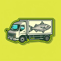 A fish transport truck illustration in sticker style with lifelike colors, bordered by a green outline on a solid yellow background.