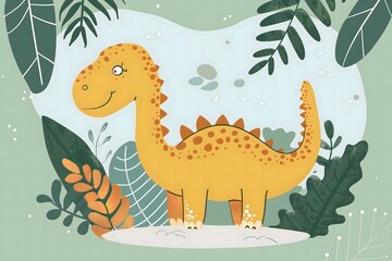 Cute Cartoon Dinosaur in Jungle Scene