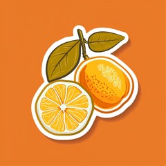 A kumquat illustration in a modern abstract style with citrus colors, sticker with white outline on a burnt orange solid background, no shadows or gradients.