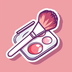 A makeup artist's brush and palette illustration style sticker with normal colors, white outline on a solid blush pink background, no shadow or gradient.