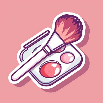 recommend clip art: A makeup artist's brush and palette illustration style sticker with normal colors, white outline on a solid blush pink background, no shadow or gradient.