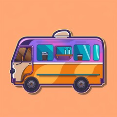 A mobile coffee truck illustration designed as a sticker with typical colors and a purple outline on a solid orange background.