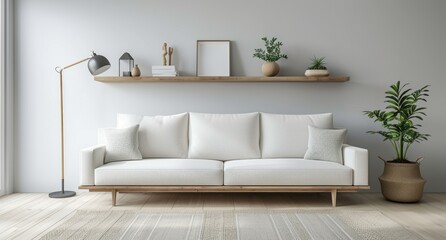A white sofa and wooden shelf against a light gray wall in a living room with a floor lamp
