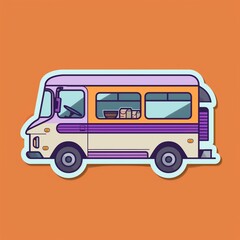 A mobile coffee truck illustration designed as a sticker with typical colors and a purple outline on a solid orange background.