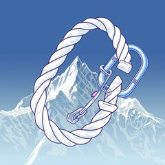 A mountain climber's rope and carabiner illustration style with normal colors sticker, white outline on a solid mountain mist background, no shadow or gradient.