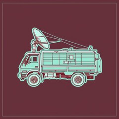 A satellite broadcasting truck illustration in a sticker style with realistic colors, outlined in teal on a solid burgundy background.