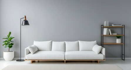 A white sofa and wooden shelf against a light gray wall in a living room with a floor lamp