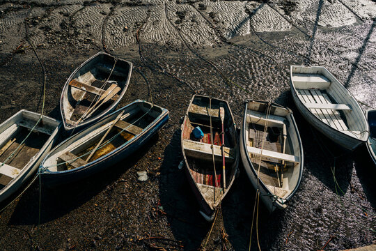 Rowing boats in a harbour at low tide