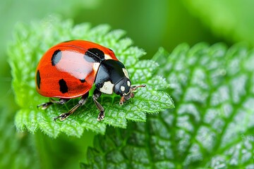 Close-up of a ladybug on a vibrant green leaf, showcasing its red wings with black spots in a natural outdoor setting.