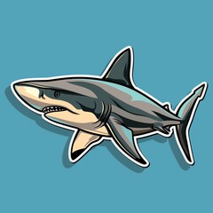A shark illustration in normal colors as a sticker with a white outline on a marine blue background without any shadow or gradient.