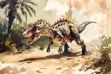 Dinosaur Roaming in Prehistoric Forest