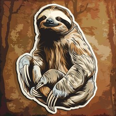 A sloth illustration in normal colors as a sticker with a white outline on a forest brown background without any shadow or gradient.