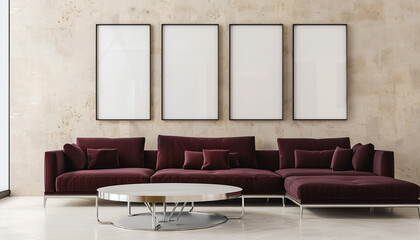 Quadruple blank frames, soft beige wall, burgundy sofa, sleek chrome table; ultra HD image.
