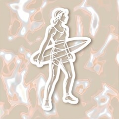 A teenager surfer illustration style sticker with white outline on a solid pearl background without any shadow or gradient.