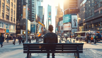 Person sitting on bench in city street