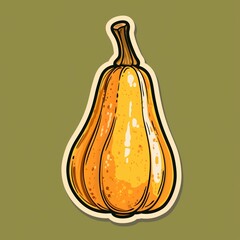 a winter squash illustration style with normal colors sticker with brown outline on a solid olive background without any shadow or gradient.