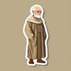 An elderly male historian illustration style sticker with white outline on a solid khaki background without any shadow or gradient.