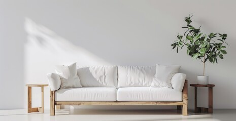 A white sofa with two pillows and a wooden side table on each end, against an empty wall background
