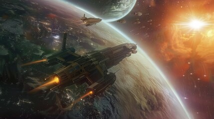 A spaceship flies over Earth with a glowing sunset in the background, accompanied by another spacecraft and a distant planet.
