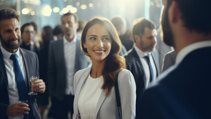 A businesswoman in professional suit outfits with glasses is smiling while greeting others in a business meeting conference. Generative AI.