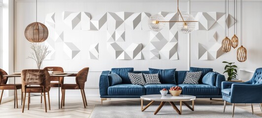 A white wall with geometric wallpaper, a blue sofa and chairs in front of it