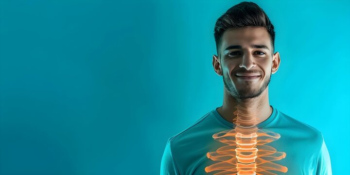 Man promoting spinal pain prevention by posing against a bright background. Concept Spinal Health, Pain Prevention, Bright Background, Promotion, Posture Poses