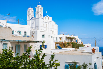 Traditional style white church with blue dome in Artemonas village, Sifnos island, Greece