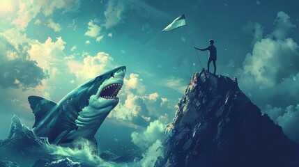 A man stands holding a flag on a cliff with sharks in the ocean