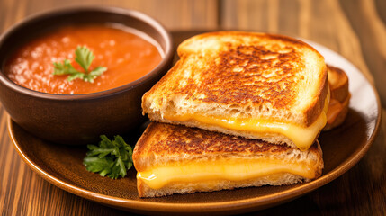 Grilled cheese sandwich with tomato soup on the side, a classic and appetizing dish for an afternoon snack or evening meal.