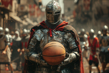A medieval knight basketball player stands with a basketball before a game against a street backdrop