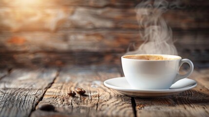 A close-up photo of a freshly brewed cup of coffee with steam rising from it, set against a rustic wooden background. 