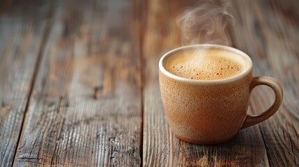 A close-up photo of a freshly brewed cup of coffee with steam rising from it, set against a rustic wooden background. 