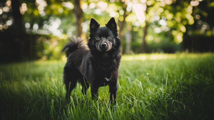 Dog (Schipperke). Isolated on green grass in park