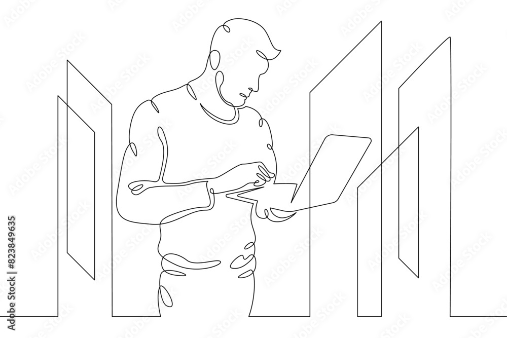 Poster it specialist is holding a laptop. data center, server cabinet. digital technologies. working with t