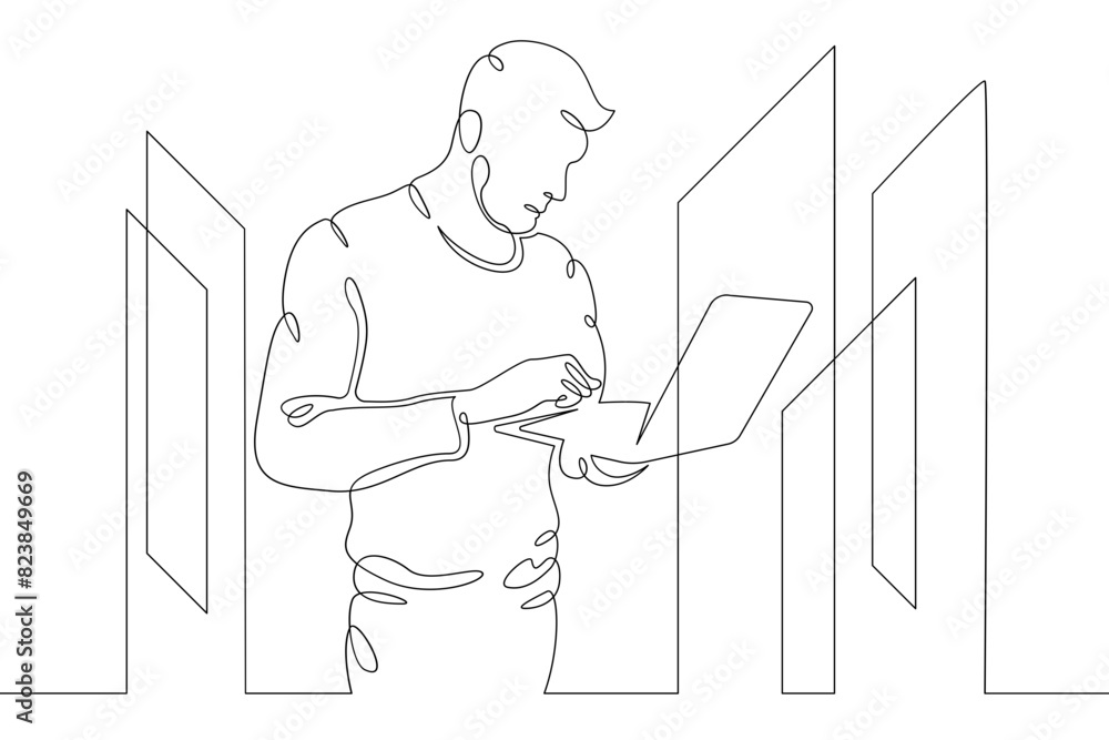 Poster it specialist is holding a laptop. data center, server cabinet. digital technologies. working with t