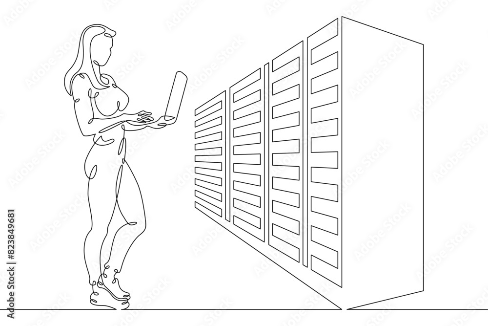 Poster woman programmer engineer.it specialist is holding a laptop. data center, server cabinet. digital te