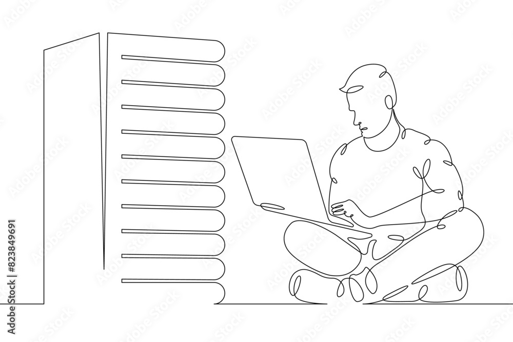 Poster it specialist is holding a laptop. data center, server cabinet. digital technologies. working with t