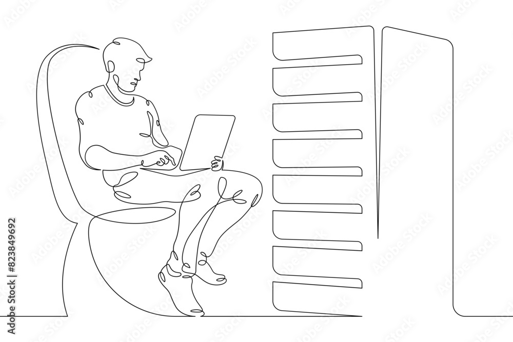 Poster it specialist is holding a laptop. data center, server cabinet. digital technologies. working with t