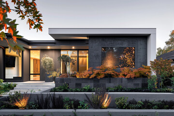 A modern suburban home boasting a monochrome facade enhanced by bursts of vibrant foliage and modern outdoor lighting