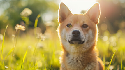Dog (Shiba Inu) on green grass in park