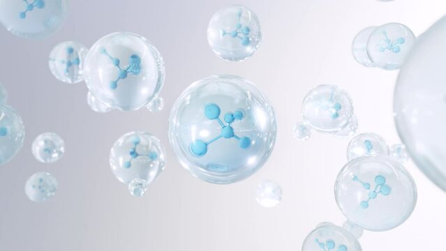 Cosmetics 3D animation of several atoms floating in the water. Molecule within a liquid bubble, cosmetic essence, and water background.