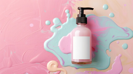 Pink lotion bottle with a dispenser on a colorful pastel background, representing beauty and skincare products in an elegant, feminine style