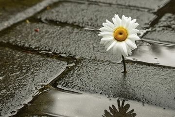 photograph of a daisy on the ground in the rain
