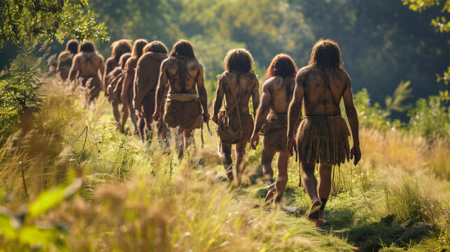 Group of Neanderthals walking through a forested area.